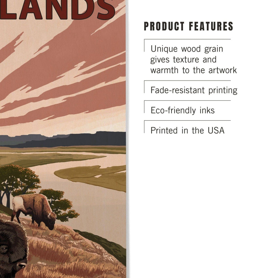 Badlands, North Dakota, Bison and Buttes, Lantern Press Artwork, Wood Signs and Postcards Wood Lantern Press 