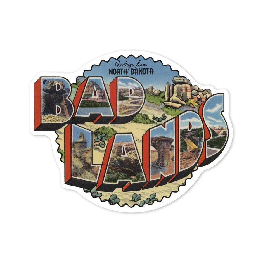 Badlands, North Dakota, Greetings from North Dakota, Contour, Vintage Postcard, Vinyl Sticker Sticker Lantern Press 