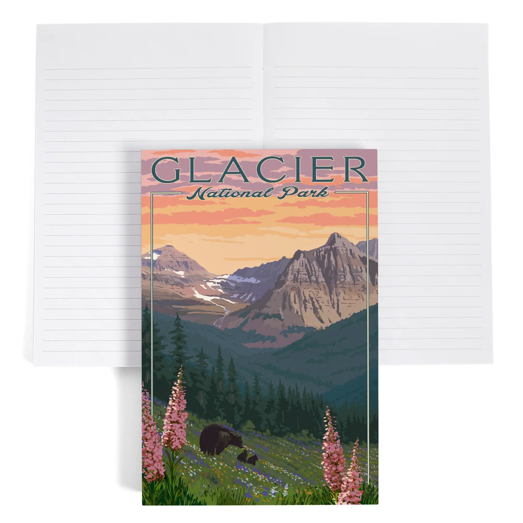 Lined 6x9 Journal, Glacier National Park, Montana, Bear and Spring Flowers, Mountains, Lay Flat, 193 Pages, FSC paper