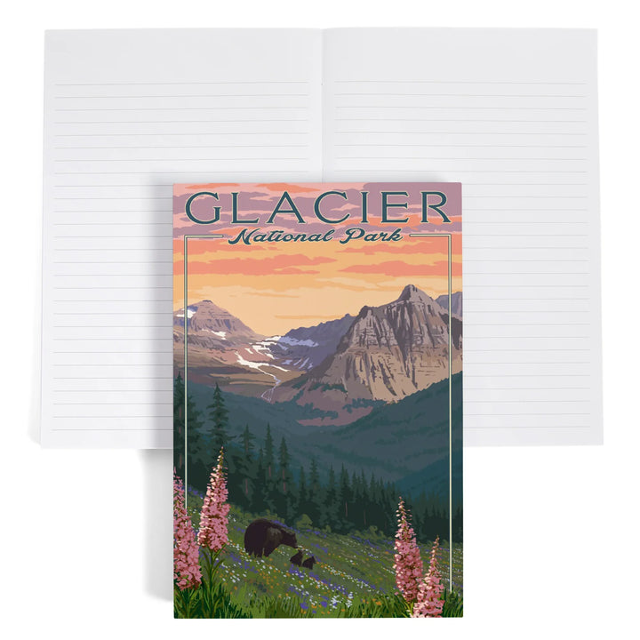 Lined 6x9 Journal, Glacier National Park, Montana, Bear and Spring Flowers, Mountains, Lay Flat, 193 Pages, FSC paper