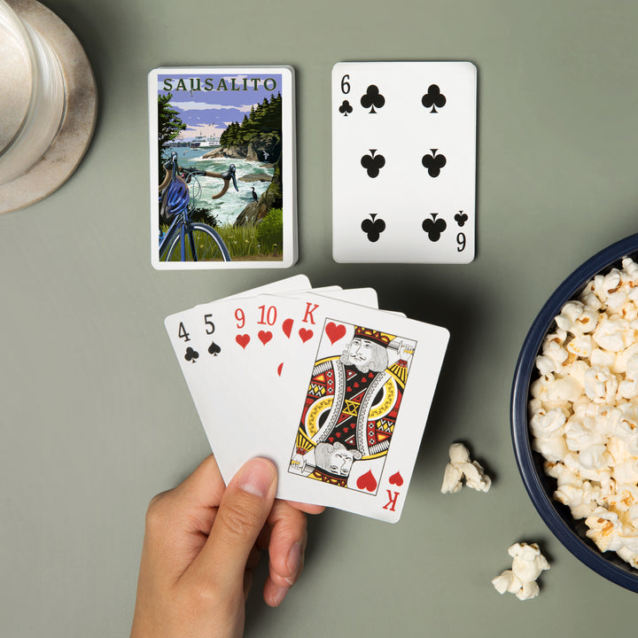 Playing Cards, Sausalito, California, Coastal Scene, Bike and Ferry, 52 Card Deck with Jokers in Box, Unique Art