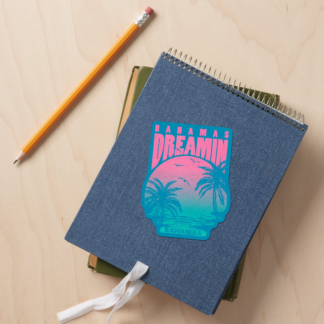 Bahamas, Bahamas Dreamin', Sunset & Palm Trees, Contour, Lantern Press Artwork, Vinyl Sticker Sticker Lantern Press 