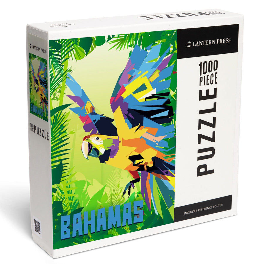 Bahamas, Macaw Flying in Jungle Scene in Blue, Vector Geometric, Jigsaw Puzzle Puzzle Lantern Press 