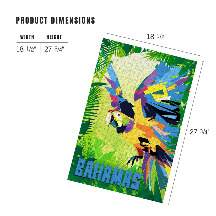 Bahamas, Macaw Flying in Jungle Scene in Blue, Vector Geometric, Jigsaw Puzzle Puzzle Lantern Press 