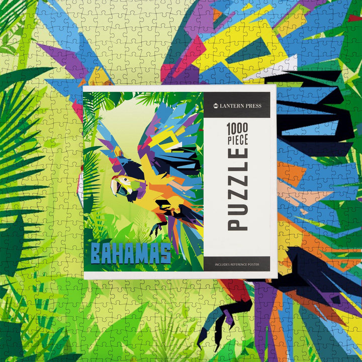 Bahamas, Macaw Flying in Jungle Scene in Blue, Vector Geometric, Jigsaw Puzzle Puzzle Lantern Press 