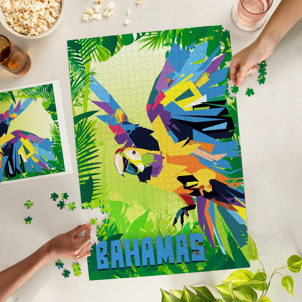Bahamas, Macaw Flying in Jungle Scene in Blue, Vector Geometric, Jigsaw Puzzle Puzzle Lantern Press 