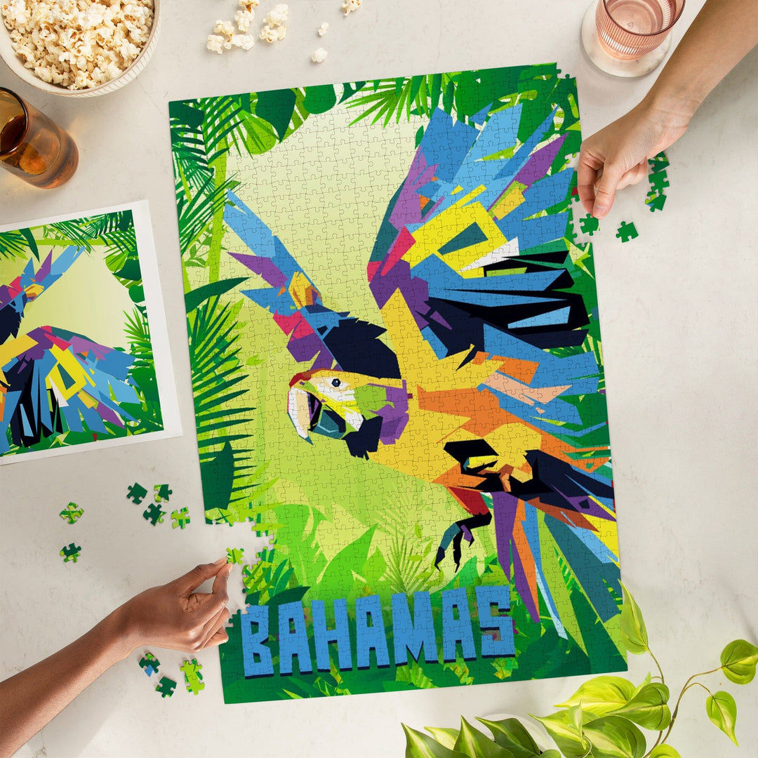 Bahamas, Macaw Flying in Jungle Scene in Blue, Vector Geometric, Jigsaw Puzzle Puzzle Lantern Press 