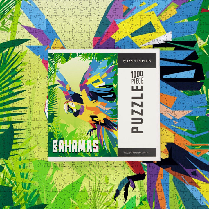 Bahamas, Macaw Flying in Jungle Scene, Vector Geometric, Jigsaw Puzzle Puzzle Lantern Press 