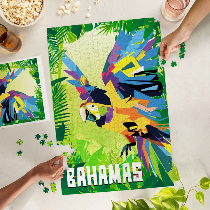 Bahamas, Macaw Flying in Jungle Scene, Vector Geometric, Jigsaw Puzzle Puzzle Lantern Press 