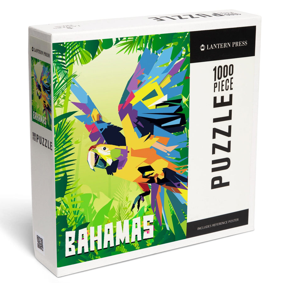 Bahamas, Macaw Flying in Jungle Scene, Vector Geometric, Jigsaw Puzzle Puzzle Lantern Press 