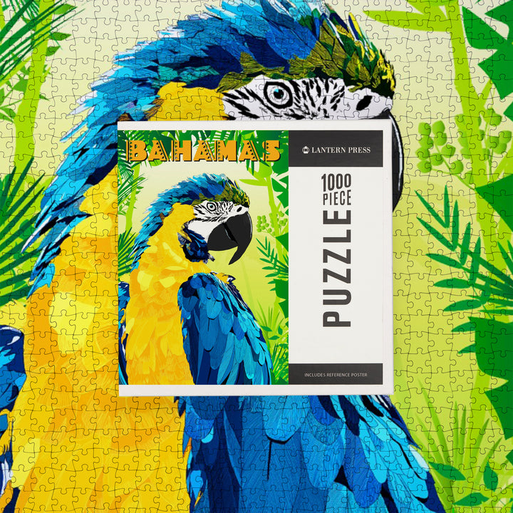 Bahamas, Macaw in Jungle Scene, Vector Geometric, Jigsaw Puzzle Puzzle Lantern Press 