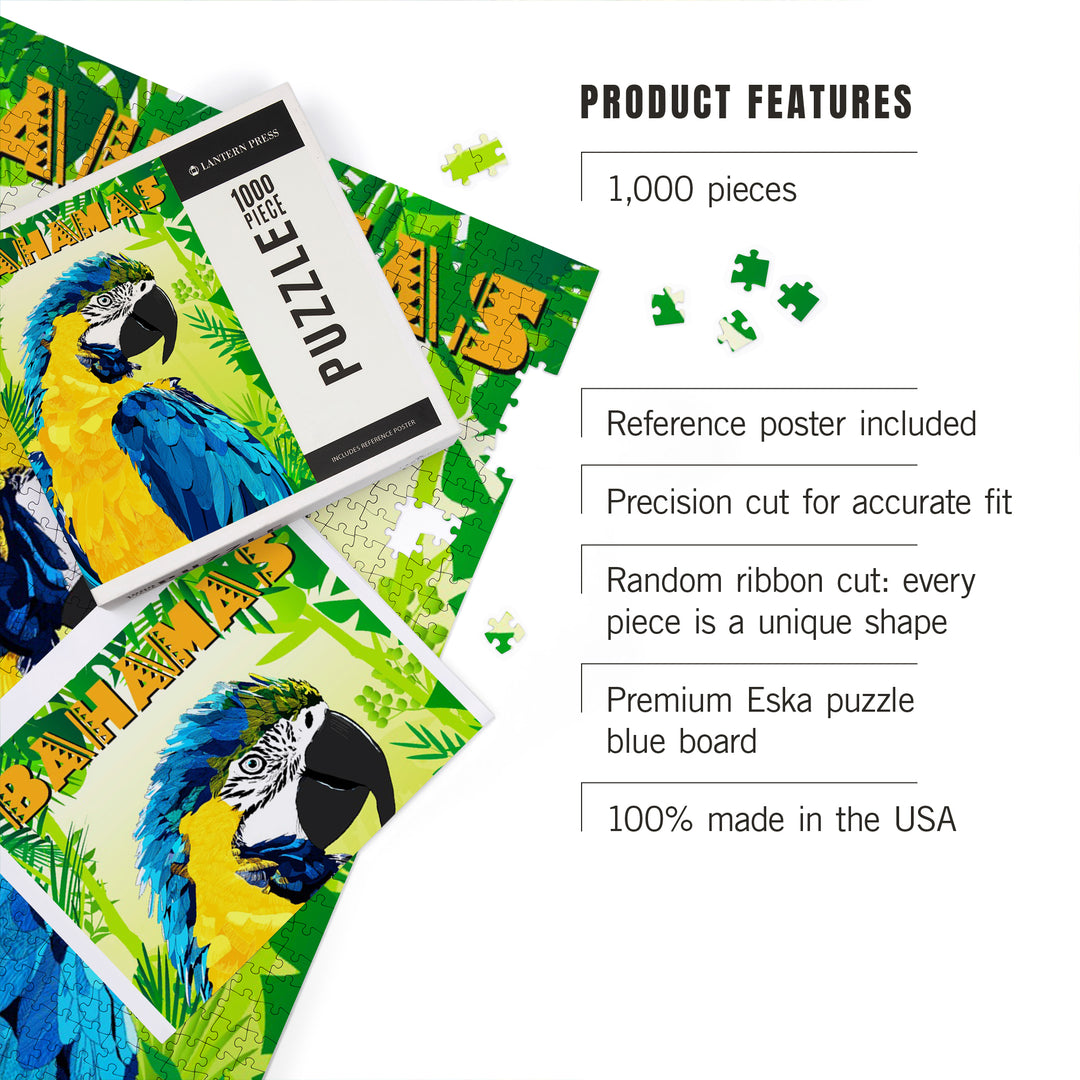 Bahamas, Macaw in Jungle Scene, Vector Geometric, Jigsaw Puzzle Puzzle Lantern Press 