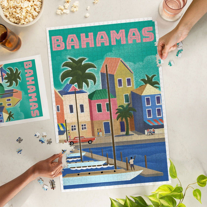 Bahamas, Waterside Dock, Lithograph, Jigsaw Puzzle Puzzle Lantern Press 