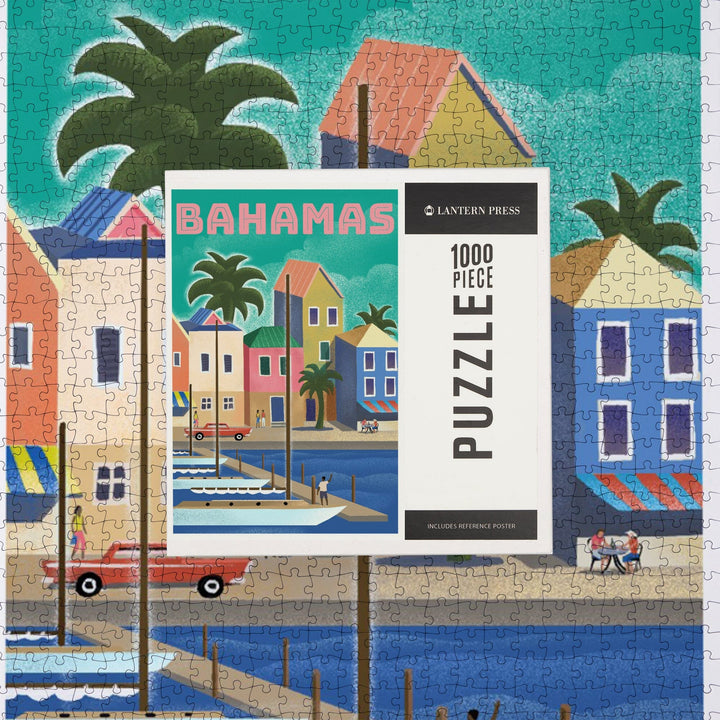 Bahamas, Waterside Dock, Lithograph, Jigsaw Puzzle Puzzle Lantern Press 