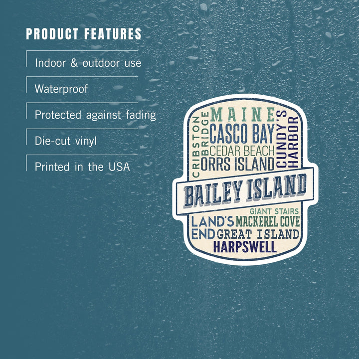 Bailey Island, Maine, Typography, Contour, Lantern Press Artwork, Vinyl Sticker Sticker Lantern Press 