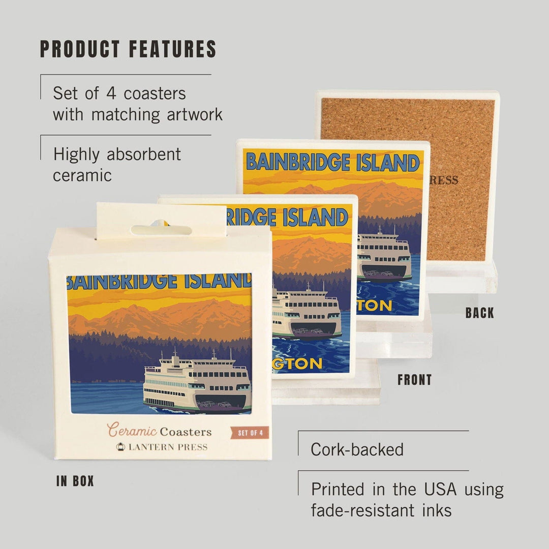 Bainbridge Island, Washington, Ferry and Mountains, Lantern Press Artwork, Coaster Set Coasters Lantern Press 