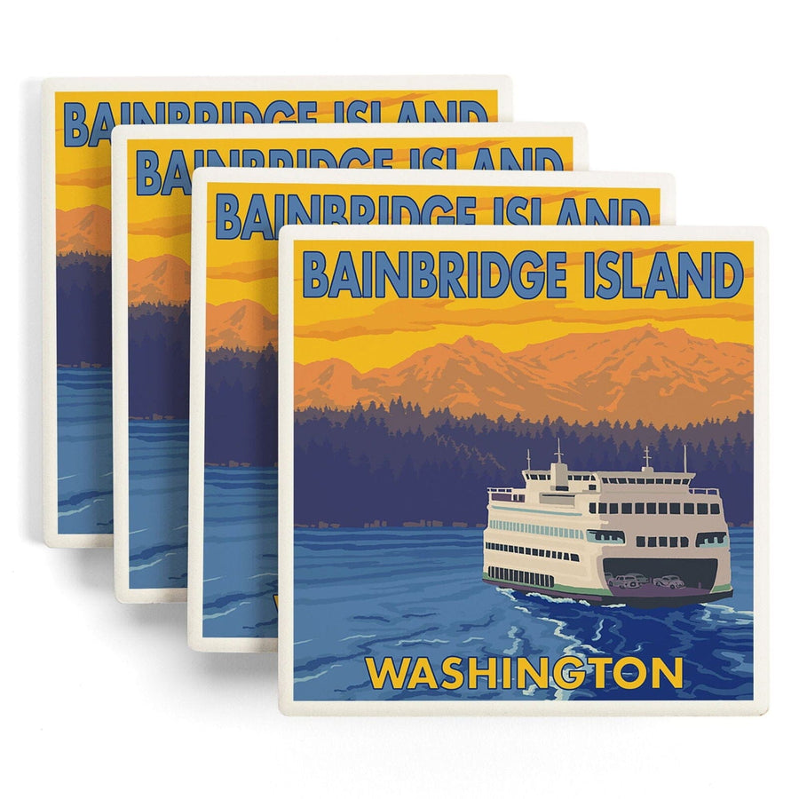 Bainbridge Island, Washington, Ferry and Mountains, Lantern Press Artwork, Coaster Set Coasters Lantern Press 