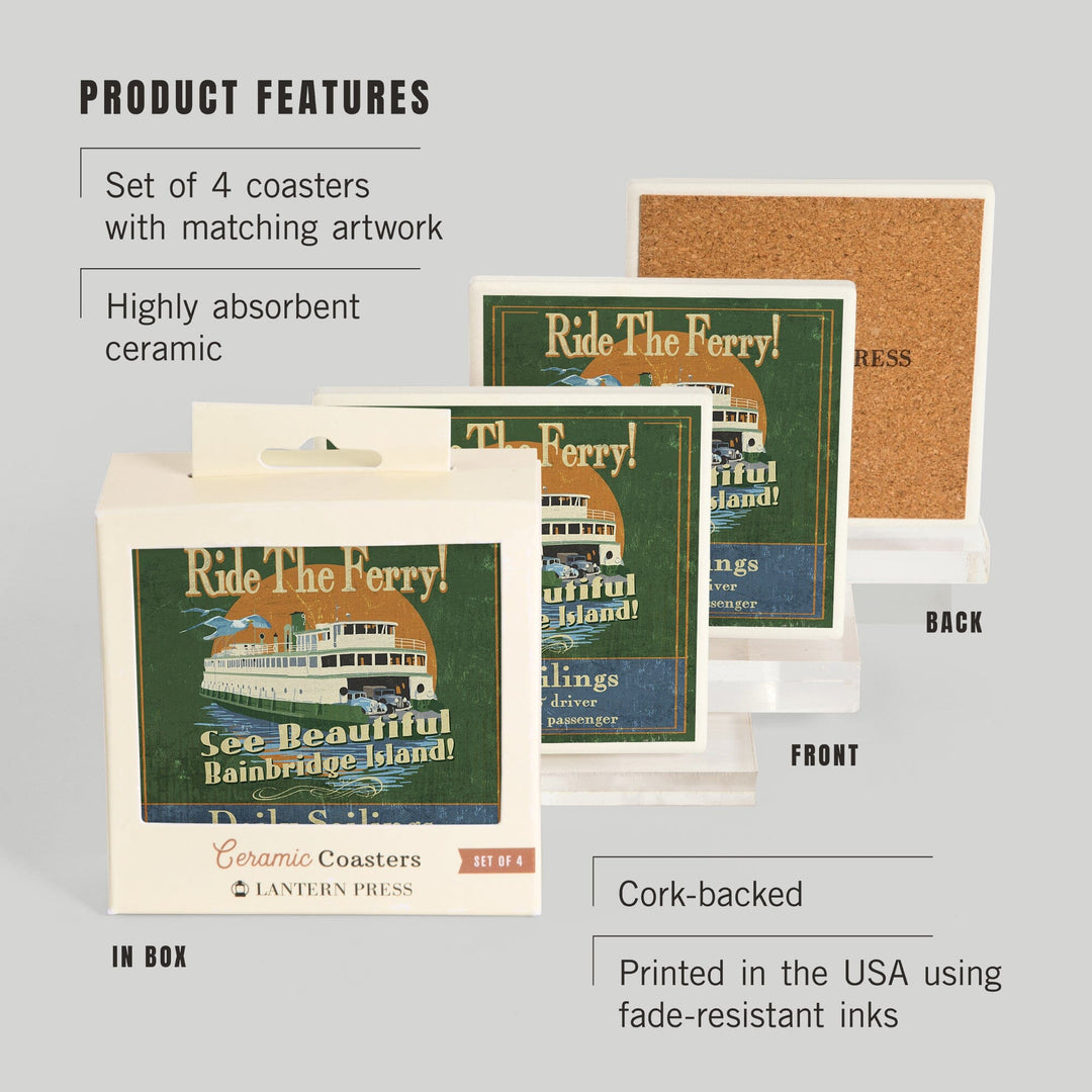 Bainbridge Island, Washington, Ferry Ride Vintage Sign, Coasters Coasters Lantern Press 