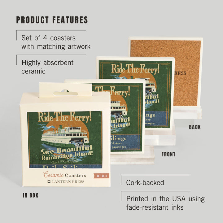 Bainbridge Island, Washington, Ferry Ride Vintage Sign, Coasters Coasters Lantern Press 