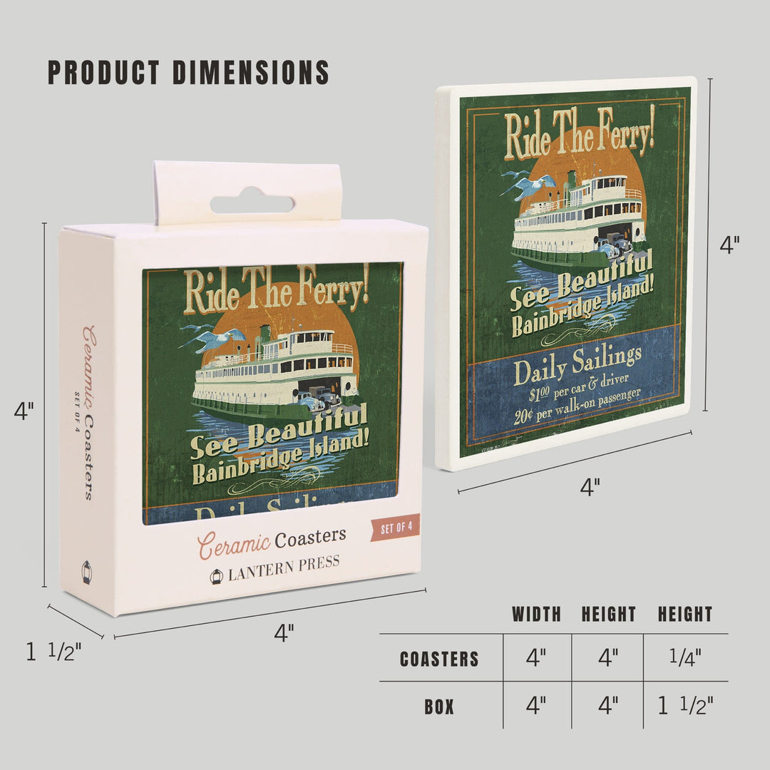 Bainbridge Island, Washington, Ferry Ride Vintage Sign, Coasters Coasters Lantern Press 