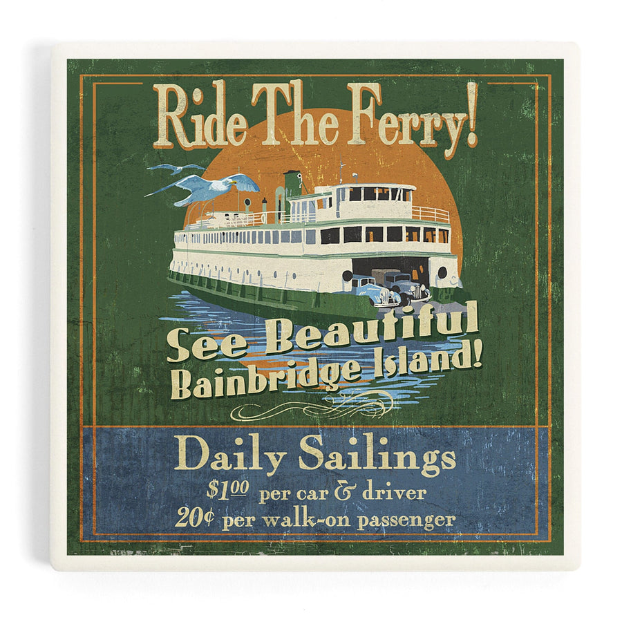 Bainbridge Island, Washington, Ferry Ride Vintage Sign, Coasters Coasters Lantern Press 