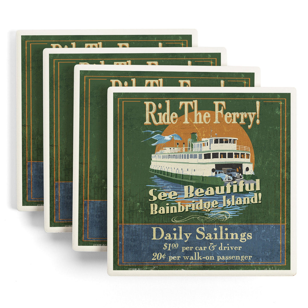 Bainbridge Island, Washington, Ferry Ride Vintage Sign, Coasters Coasters Lantern Press 
