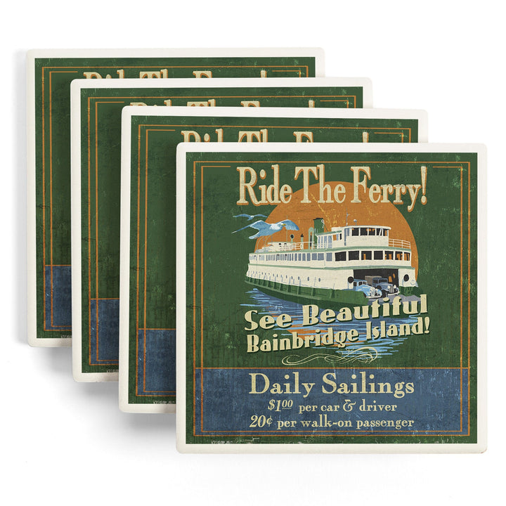 Bainbridge Island, Washington, Ferry Ride Vintage Sign, Coasters Coasters Lantern Press 