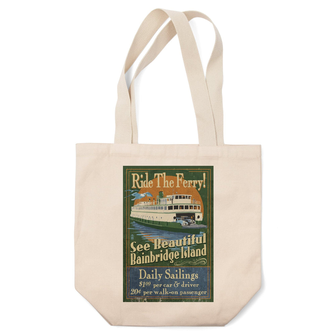 Bainbridge Island, Washington, Ferry Ride Vintage Sign, Lantern Press Artwork, Tote Bag Totes Lantern Press 
