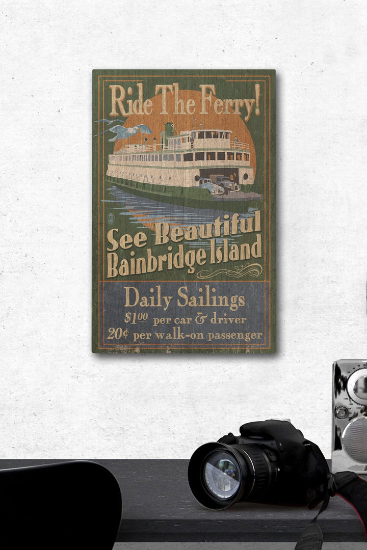 Bainbridge Island, Washington, Ferry Ride Vintage Sign, Lantern Press Artwork, Wood Signs and Postcards Wood Lantern Press 12 x 18 Wood Gallery Print 