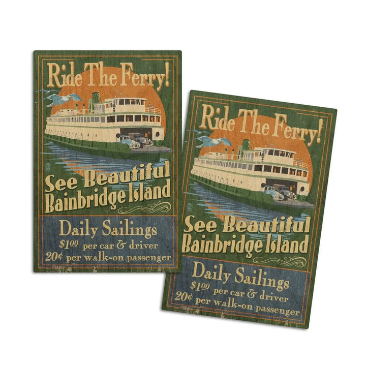 Bainbridge Island, Washington, Ferry Ride Vintage Sign, Lantern Press Artwork, Wood Signs and Postcards Wood Lantern Press 4x6 Wood Postcard Set 