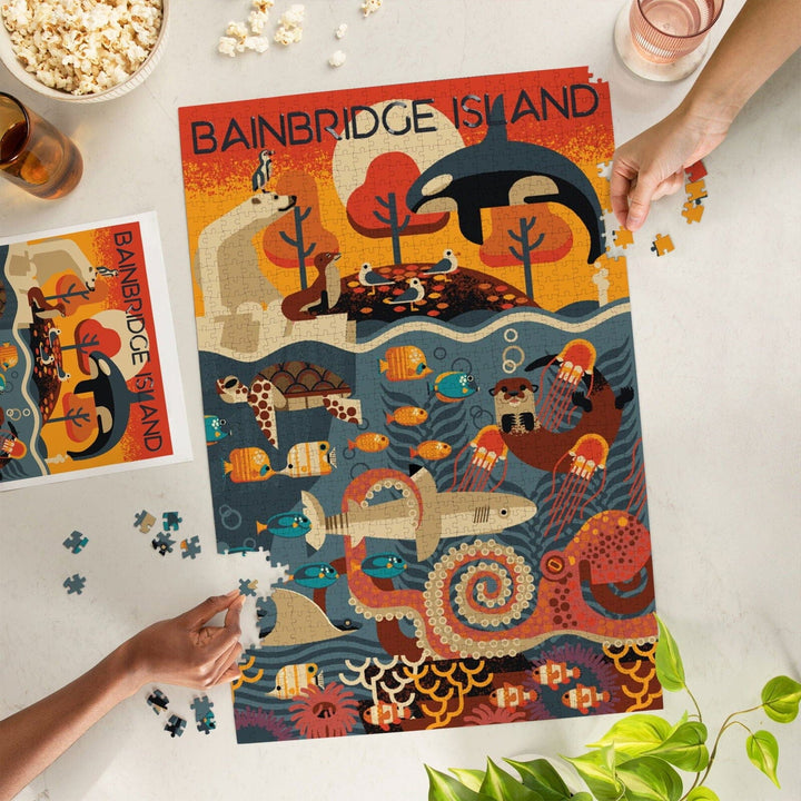 Bainbridge Island, Washington, Marine Animals, Textured Geometric, Jigsaw Puzzle Puzzle Lantern Press 