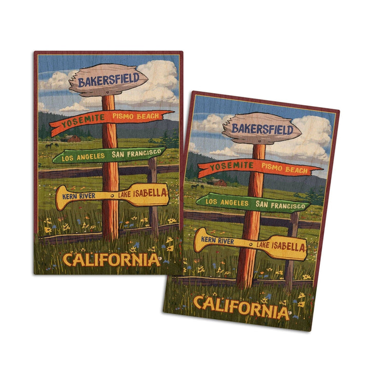 Bakersfield, California, Destination Signpost, Lantern Press Artwork, Wood Signs and Postcards Wood Lantern Press 4x6 Wood Postcard Set 