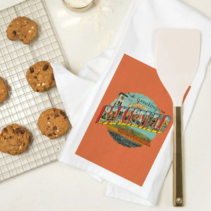 Bakersfield, California, Greetings, Vintage Halftone, Contour, Artwork, Organic Cotton Kitchen Tea Towels Kitchen Lantern Press 