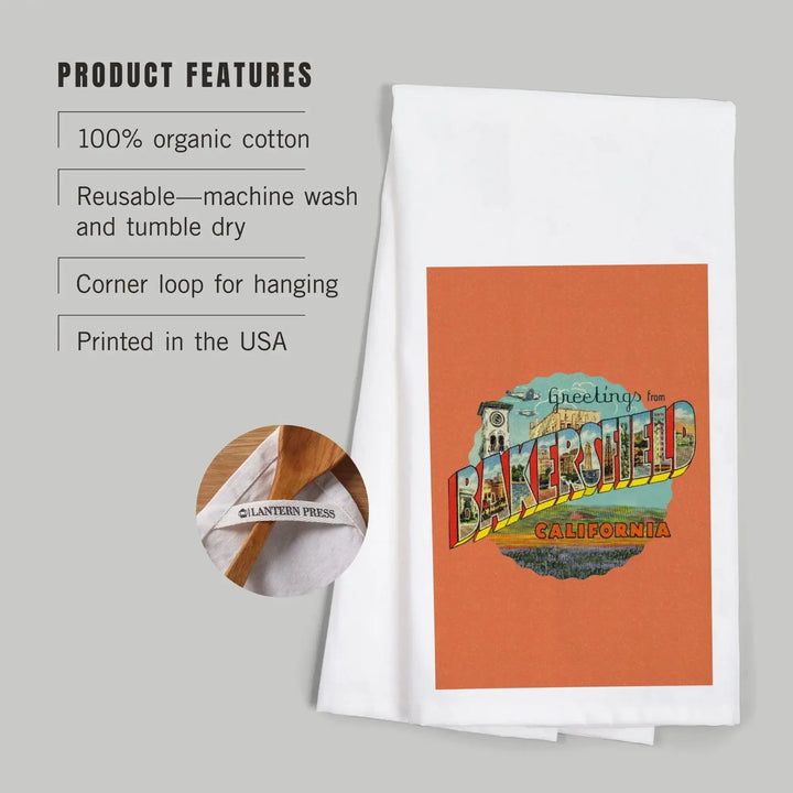 Bakersfield, California, Greetings, Vintage Halftone, Contour, Artwork, Organic Cotton Kitchen Tea Towels Kitchen Lantern Press 