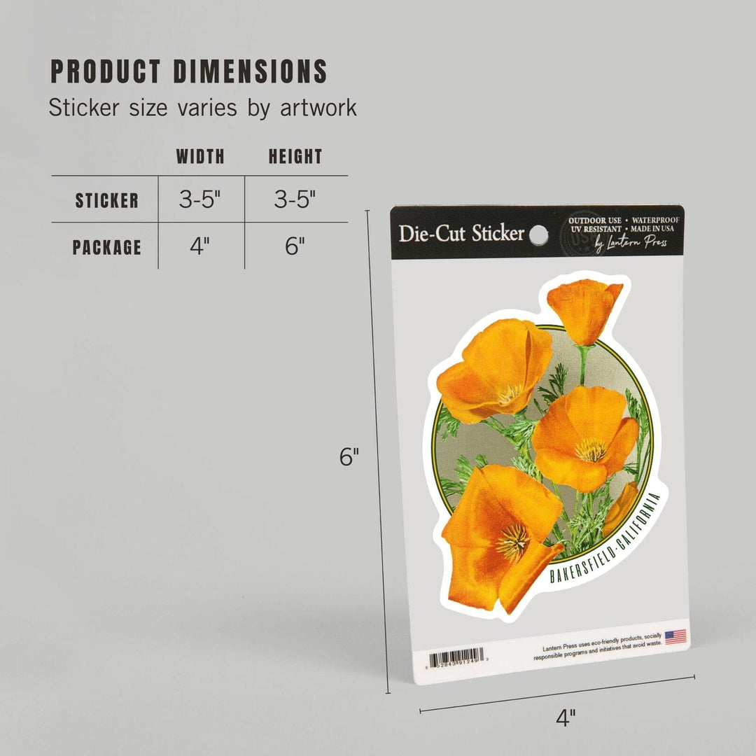 Bakersfield, California, Poppy Flowers, Contour, Lantern Press Artwork, Vinyl Sticker Sticker Lantern Press 