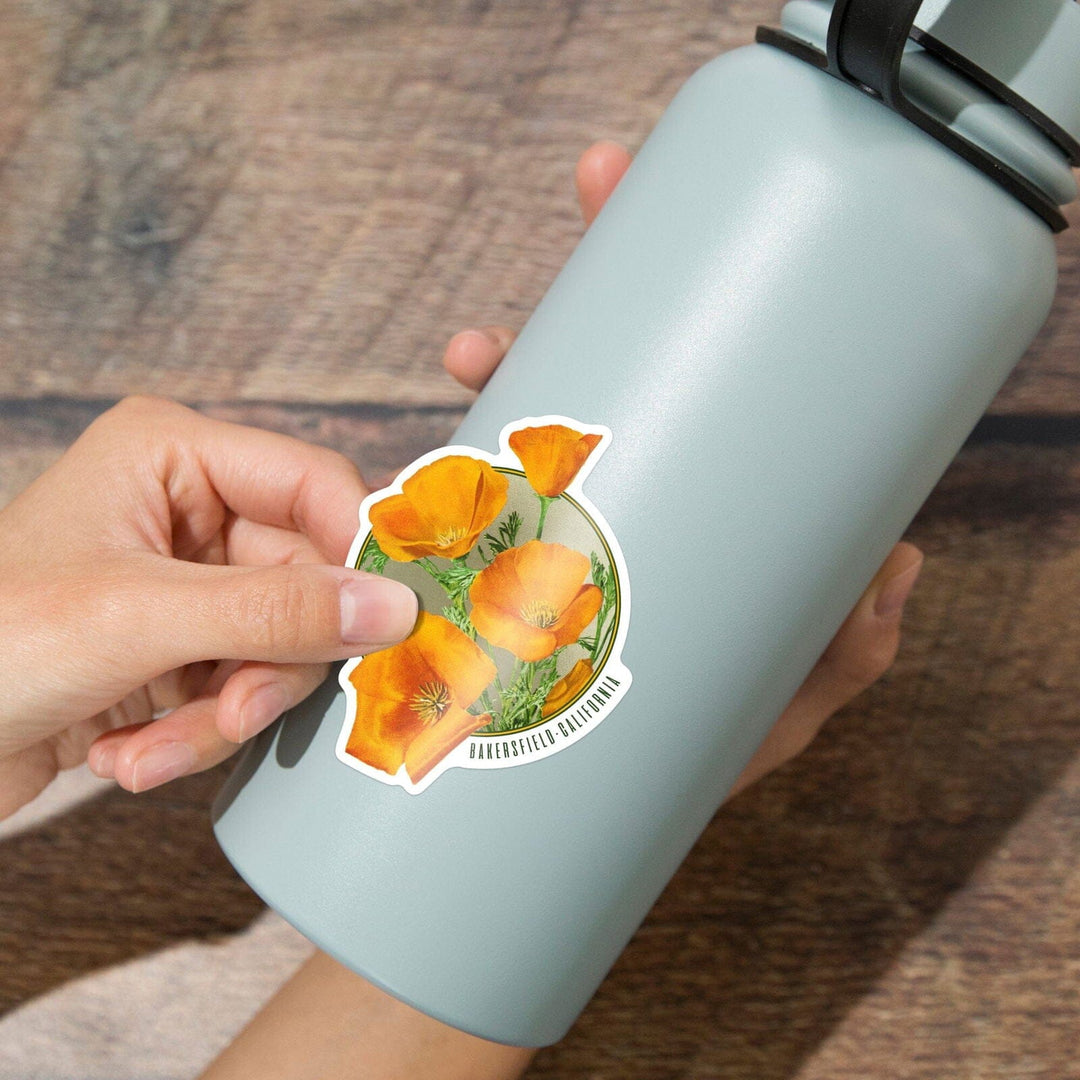 Bakersfield, California, Poppy Flowers, Contour, Lantern Press Artwork, Vinyl Sticker Sticker Lantern Press 