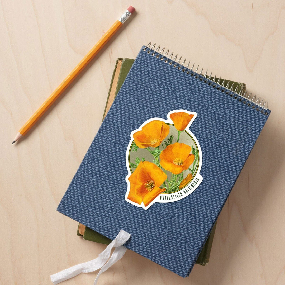 Bakersfield, California, Poppy Flowers, Contour, Lantern Press Artwork, Vinyl Sticker Sticker Lantern Press 