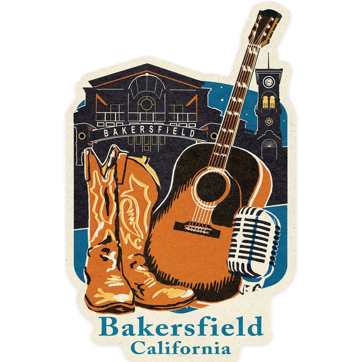 Bakersfield, California, Woodblock, Contour, Vinyl Sticker Sticker Lantern Press 