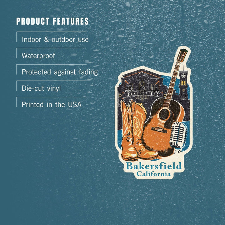 Bakersfield, California, Woodblock, Contour, Vinyl Sticker Sticker Lantern Press 