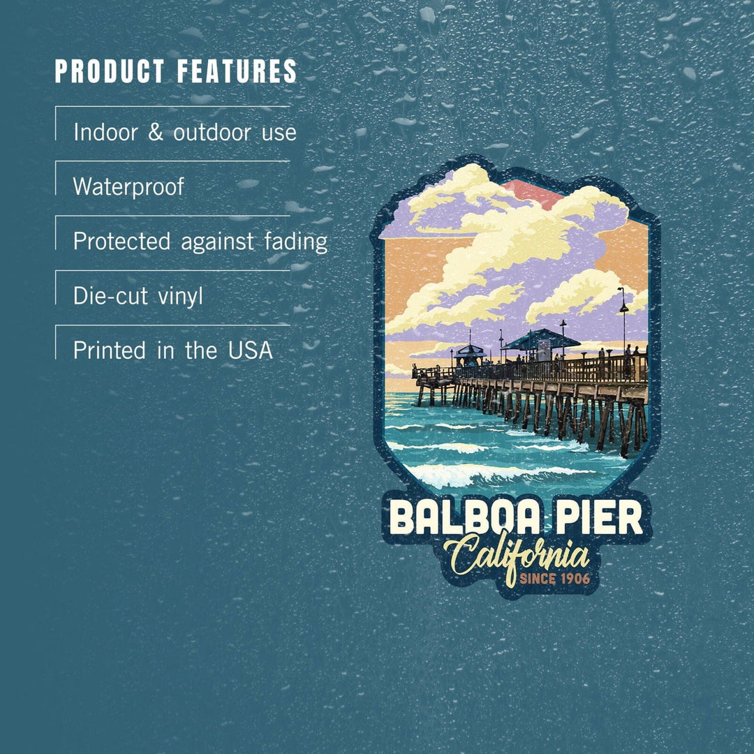 Balboa, California, Balboa Pier Since 1906, Pier and Sunset, Contour, Vinyl Sticker Sticker Lantern Press 