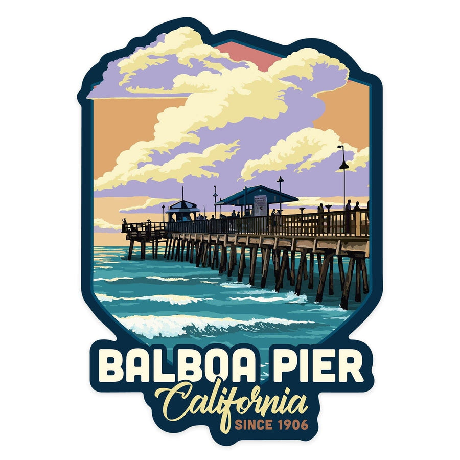 Balboa, California, Balboa Pier Since 1906, Pier and Sunset, Contour, Vinyl Sticker Sticker Lantern Press 