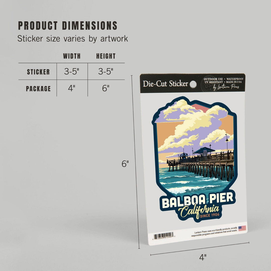 Balboa, California, Balboa Pier Since 1906, Pier and Sunset, Contour, Vinyl Sticker Sticker Lantern Press 