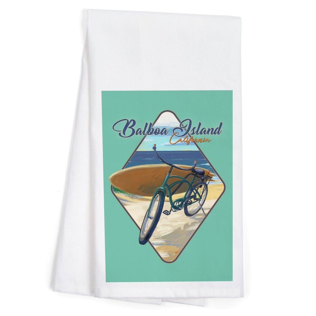 Balboa Island, California, Beach Cruiser on Beach, Contour, Organic Cotton Kitchen Tea Towels Kitchen Lantern Press 