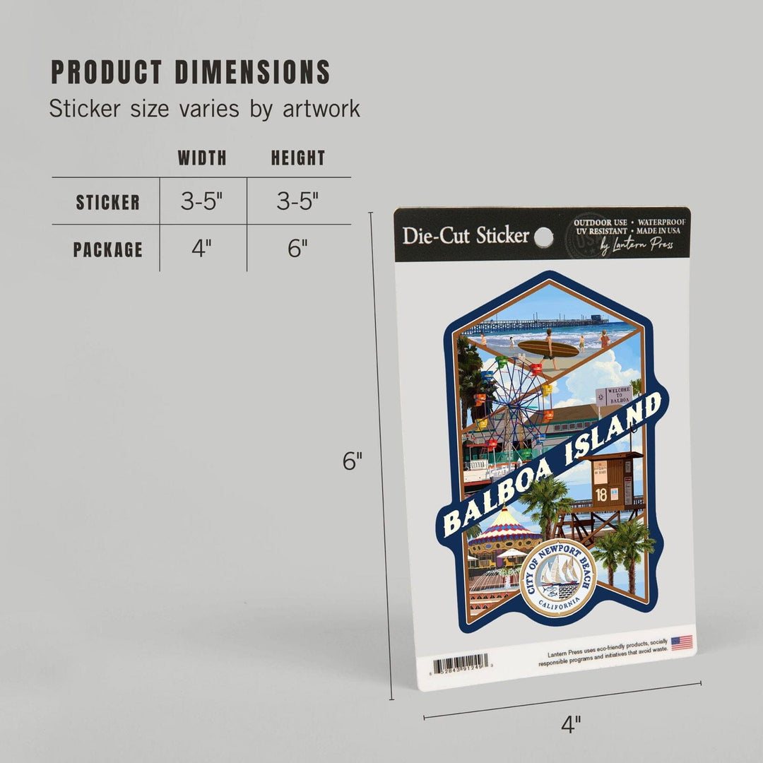 Balboa Island, California, Newport Beach Montage, Contour, Vinyl Sticker Sticker Lantern Press 