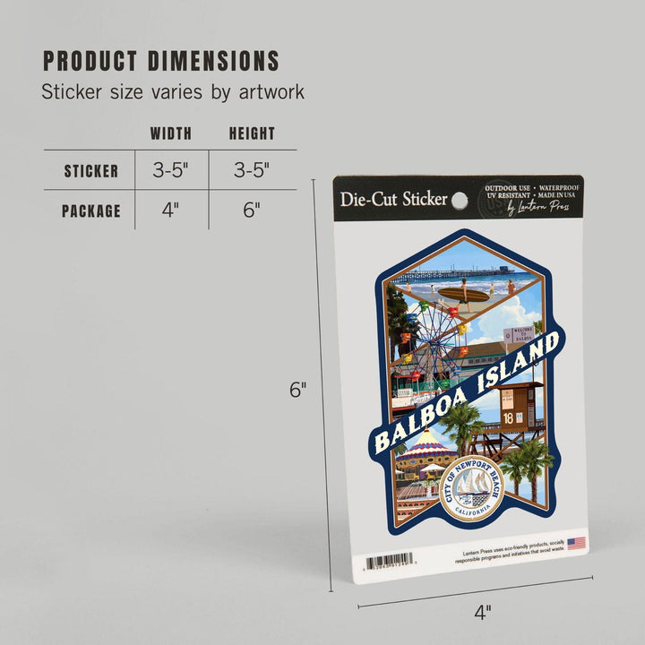 Balboa Island, California, Newport Beach Montage, Contour, Vinyl Sticker Sticker Lantern Press 