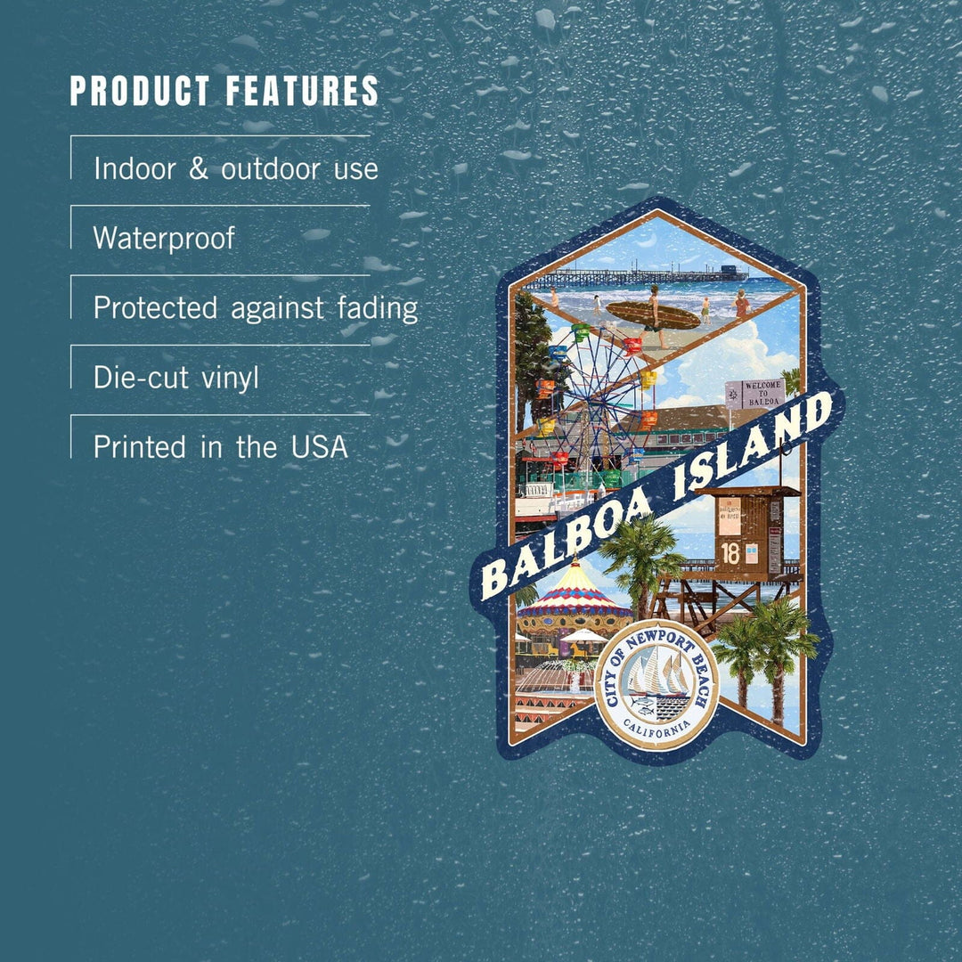 Balboa Island, California, Newport Beach Montage, Contour, Vinyl Sticker Sticker Lantern Press 