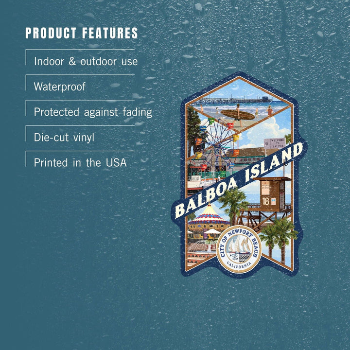 Balboa Island, California, Newport Beach Montage, Contour, Vinyl Sticker Sticker Lantern Press 