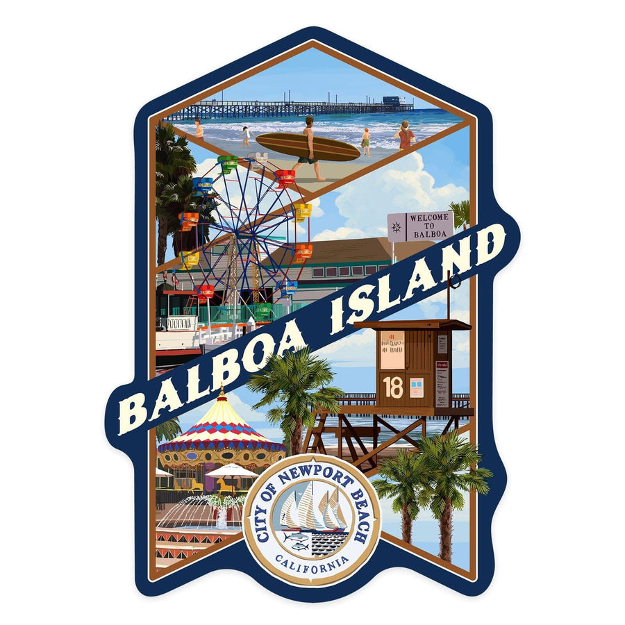 Balboa Island, California, Newport Beach Montage, Contour, Vinyl Sticker Sticker Lantern Press 
