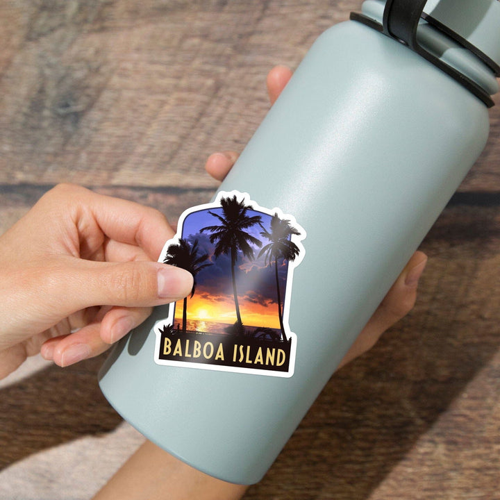 Balboa Island, California, Palms and Sunset, Contour, Vinyl Sticker Sticker Lantern Press 