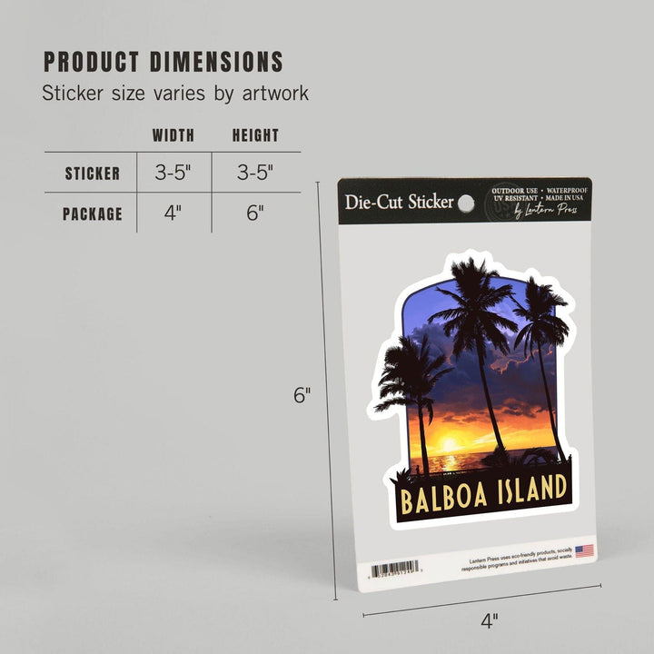 Balboa Island, California, Palms and Sunset, Contour, Vinyl Sticker Sticker Lantern Press 